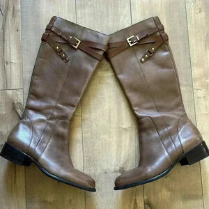 Franco Sarto Coraline Riding Boots Tan Brown Leather Knee High Zip Women’s Sz 9